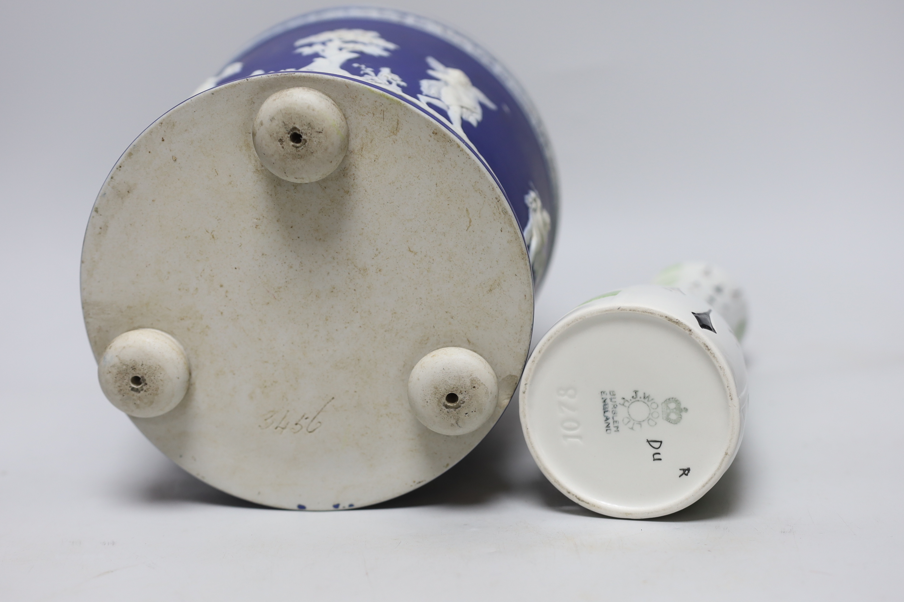 A 19th century Jasperware jardiniere and a J Wood for Burslem vase, tallest 22.5cm